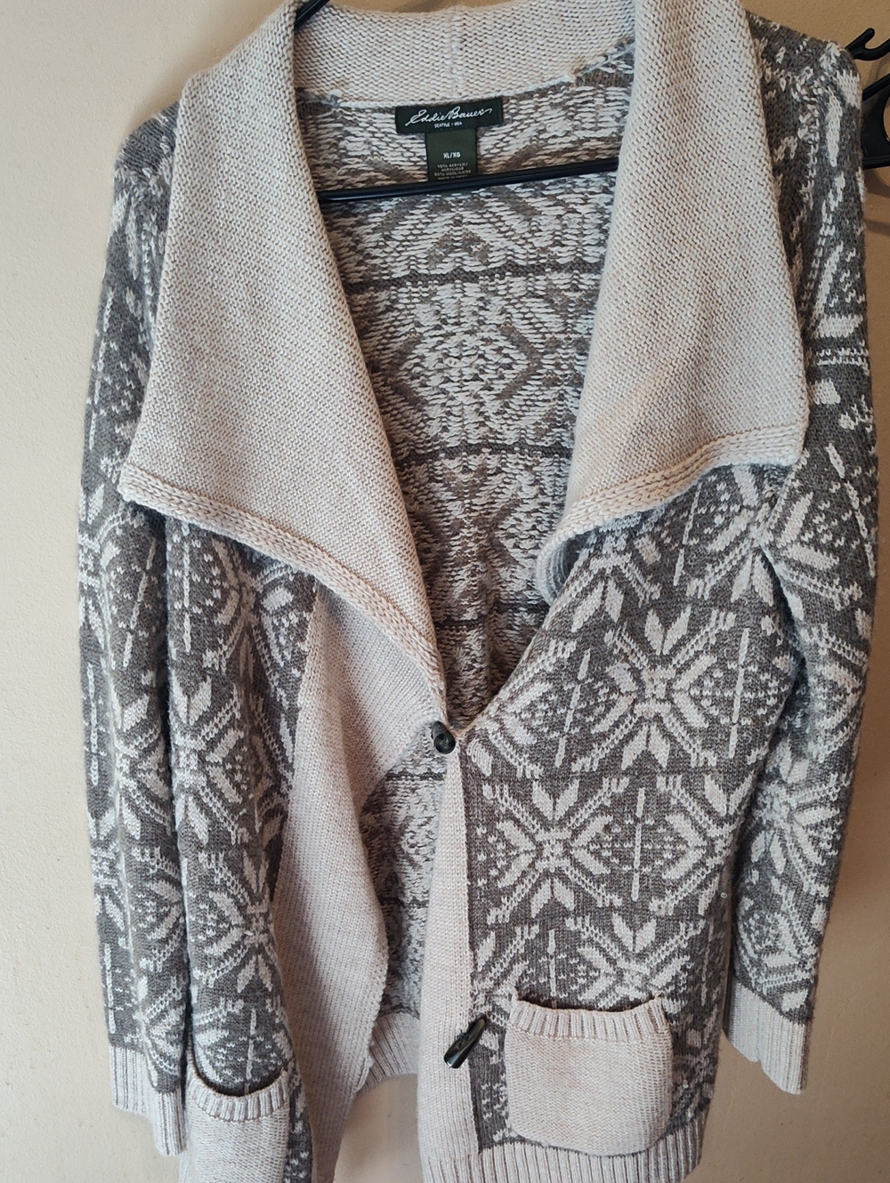 Eddie Bauer Gray and Cream Shawl-Collar Knit Cardigan